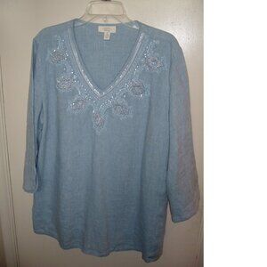 Charter Club Luxury 100% Linen Tunic Top Long sleeve Blouse Embroidery Blue XL